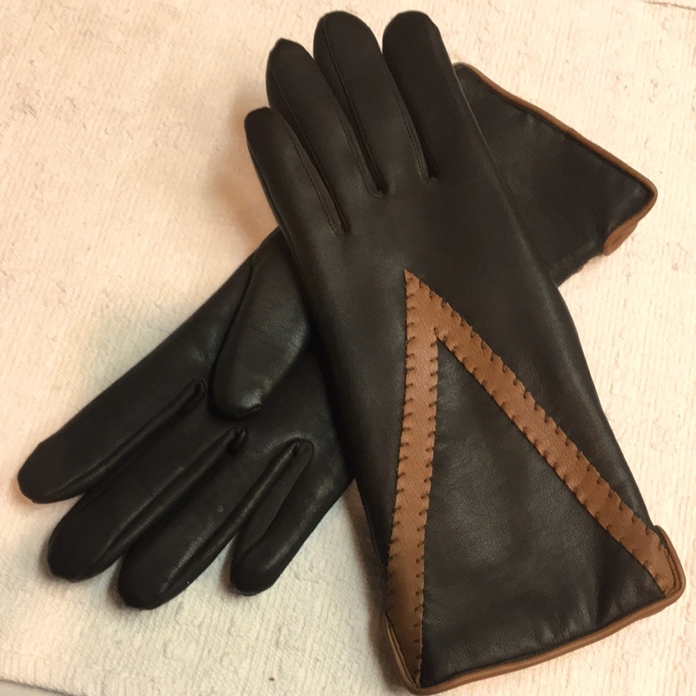 NWOT Real Leather,Fleece Lined Espresso Brown/Caramel Gloves, Size 6